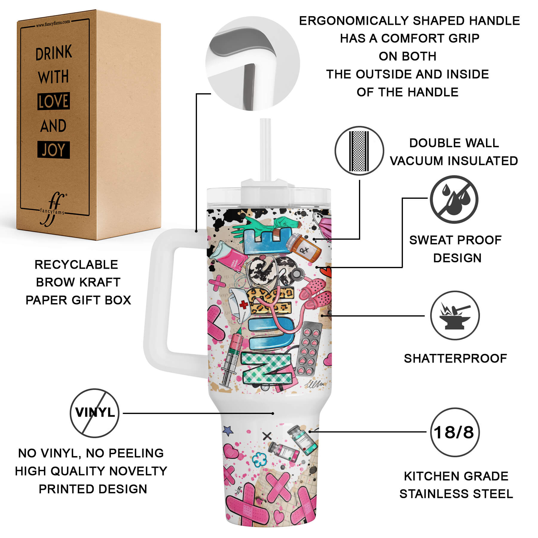 40oz Stainless Steel Tumbler for Nurses - Perfect Gift for RNs and Women in Nursing - fancyfams